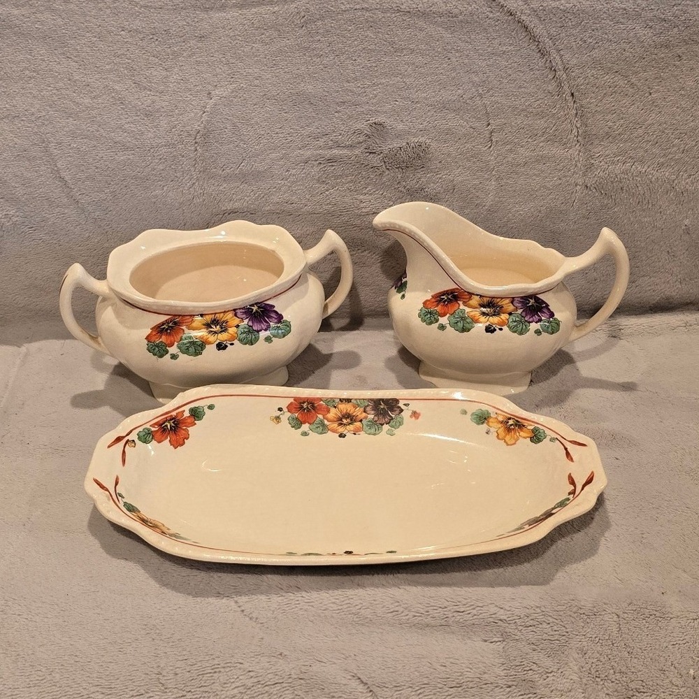 Vintage Harker Pottery Pansy Creamer and Sugar Set with Underplate Camargo IL